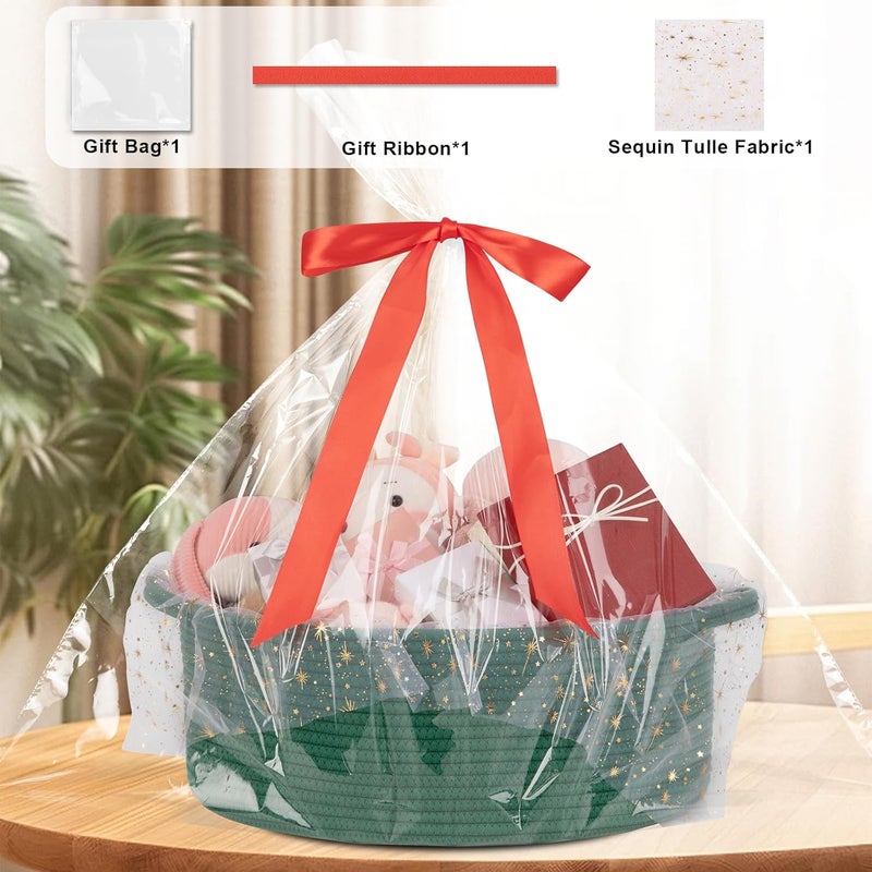 OIAHOMY Large Gift Basket Empty 17" x 12.6" x 7", Storage Basket with Gift Bag, Ribbon and Glitter Tulle for DIY Anytime, Toy Storage for Kids, Dogs with Handles in A Stylish Design - Green - Image 3